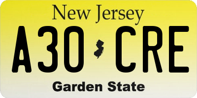 NJ license plate A30CRE