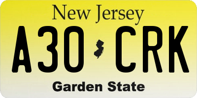 NJ license plate A30CRK