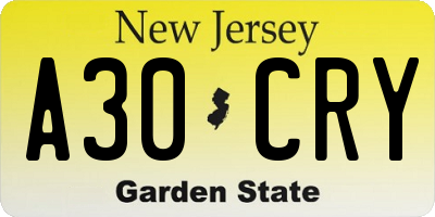 NJ license plate A30CRY