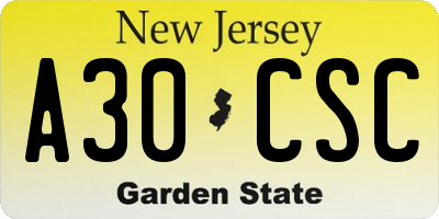 NJ license plate A30CSC
