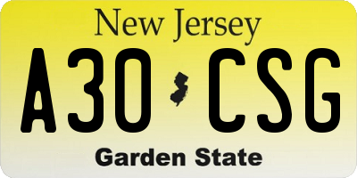 NJ license plate A30CSG