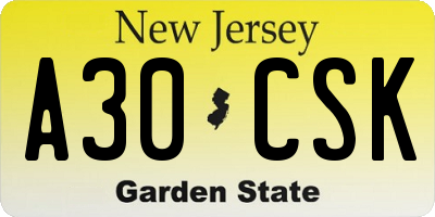 NJ license plate A30CSK