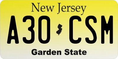 NJ license plate A30CSM