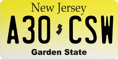 NJ license plate A30CSW