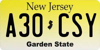 NJ license plate A30CSY