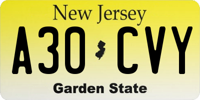 NJ license plate A30CVY