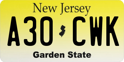 NJ license plate A30CWK