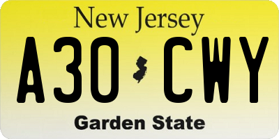 NJ license plate A30CWY