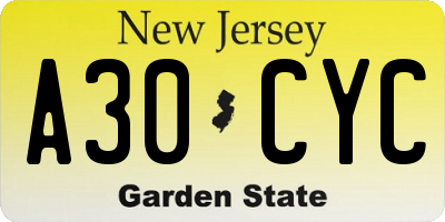 NJ license plate A30CYC