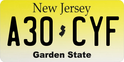 NJ license plate A30CYF