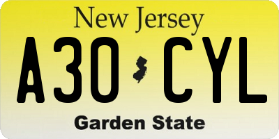 NJ license plate A30CYL