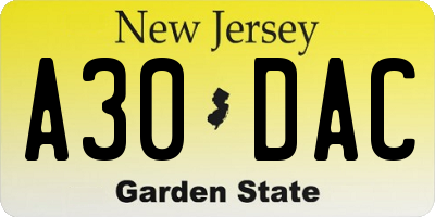 NJ license plate A30DAC