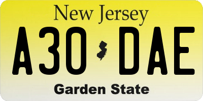 NJ license plate A30DAE