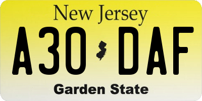 NJ license plate A30DAF