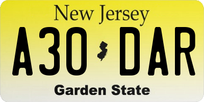 NJ license plate A30DAR
