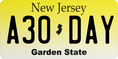 NJ license plate A30DAY