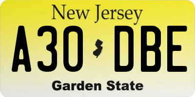 NJ license plate A30DBE