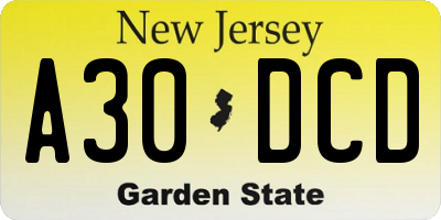 NJ license plate A30DCD