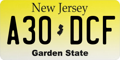 NJ license plate A30DCF