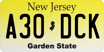 NJ license plate A30DCK
