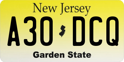 NJ license plate A30DCQ
