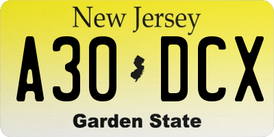 NJ license plate A30DCX