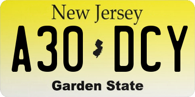 NJ license plate A30DCY