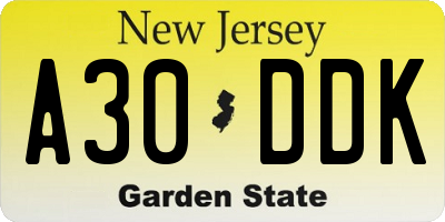 NJ license plate A30DDK