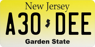 NJ license plate A30DEE