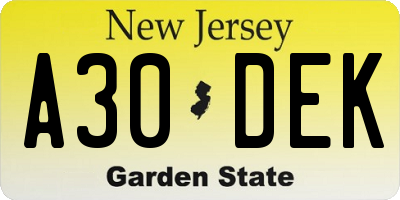 NJ license plate A30DEK