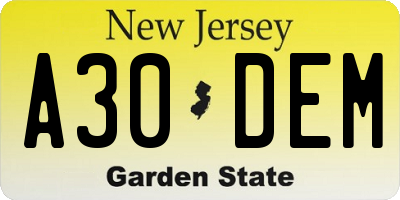 NJ license plate A30DEM