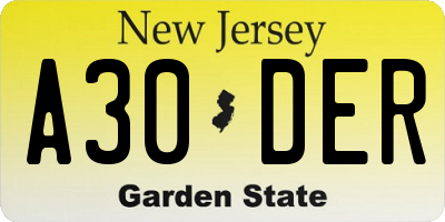NJ license plate A30DER