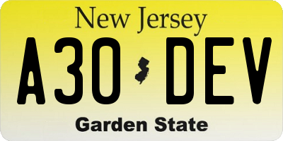 NJ license plate A30DEV