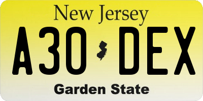 NJ license plate A30DEX