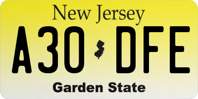 NJ license plate A30DFE