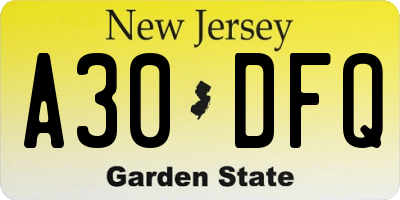 NJ license plate A30DFQ