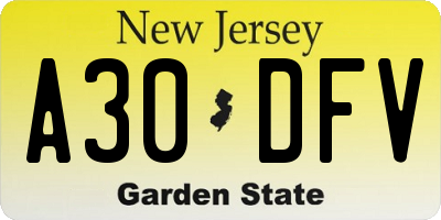 NJ license plate A30DFV