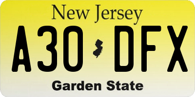 NJ license plate A30DFX