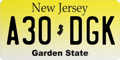 NJ license plate A30DGK