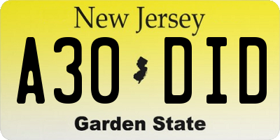NJ license plate A30DID