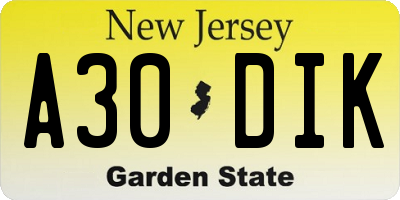 NJ license plate A30DIK