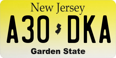 NJ license plate A30DKA