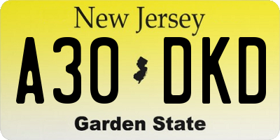 NJ license plate A30DKD