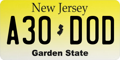 NJ license plate A30DOD