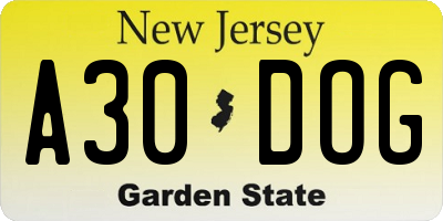 NJ license plate A30DOG