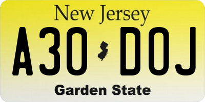 NJ license plate A30DOJ