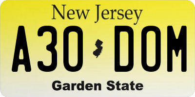 NJ license plate A30DOM