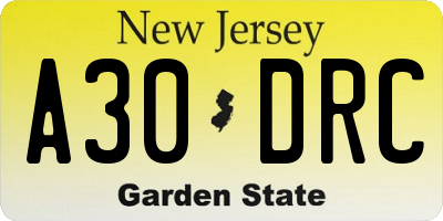 NJ license plate A30DRC