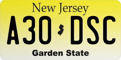 NJ license plate A30DSC