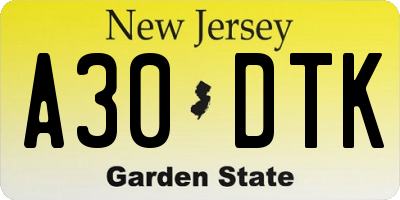 NJ license plate A30DTK